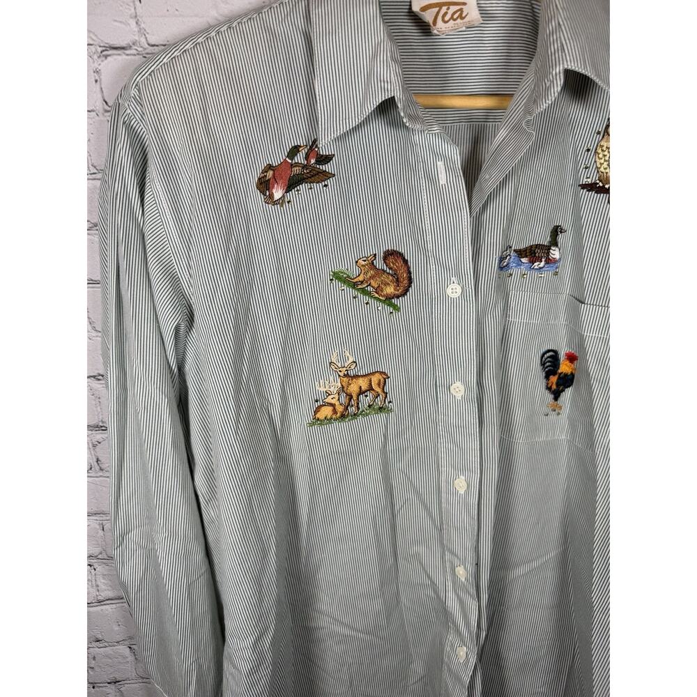 Tia Designs Lake Appliqué Vintage 90s Denim Shirt L Duck Turkey Oxford Green